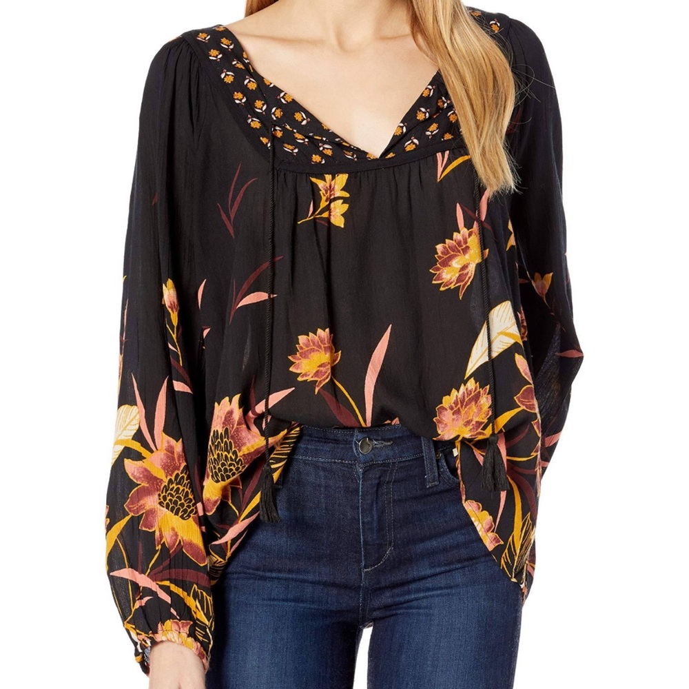 Billabong Ella Bella Black & Orange Floral Fall Peasant Top Small
